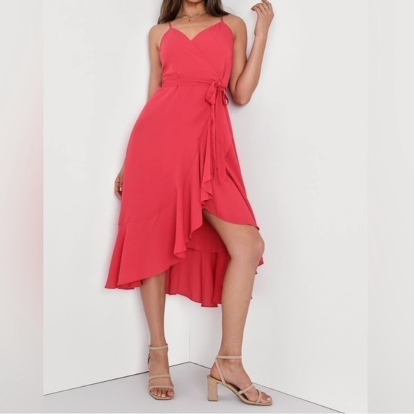 NWT LULUS Manhattan Moment Berry Pink Ruffled Midi Wrap Dress- Size XS - Picture 2 of 7